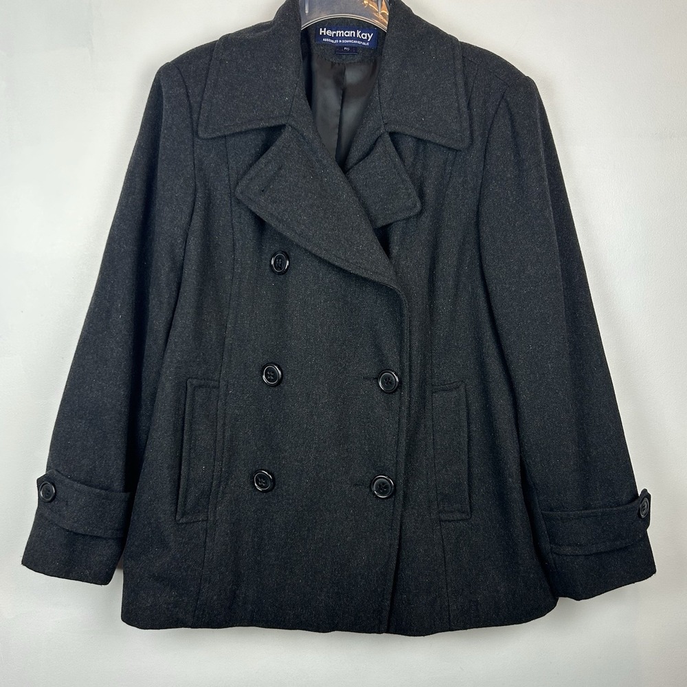Herman Kay Double Breasted Pea Coat Womens XL Gray Wool Blend